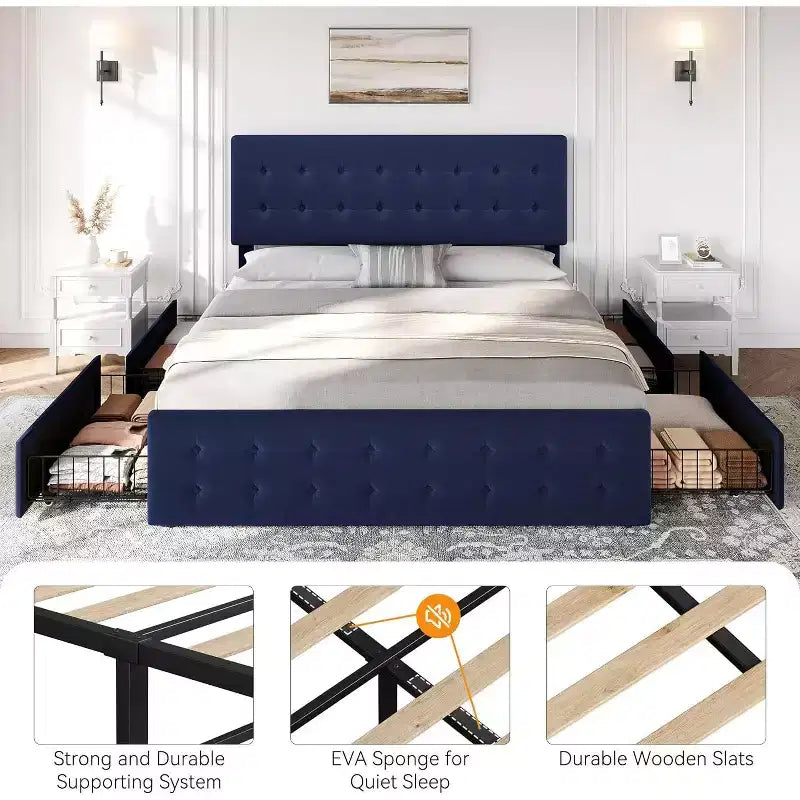 Storage Bed Frame with 4 Drawers & Adjustable Headboard - Upholstered Platform Bed