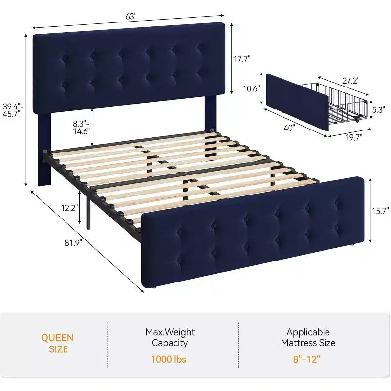 Storage Bed Frame with 4 Drawers & Adjustable Headboard - Upholstered Platform Bed