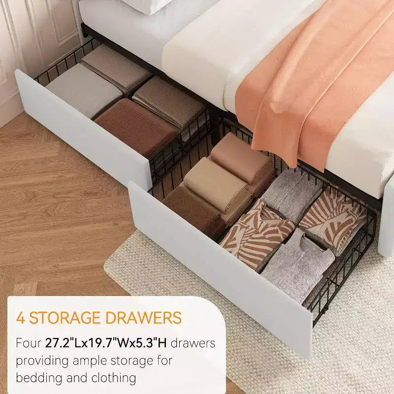 Storage Bed Frame with 4 Drawers & Adjustable Headboard - Upholstered Platform Bed