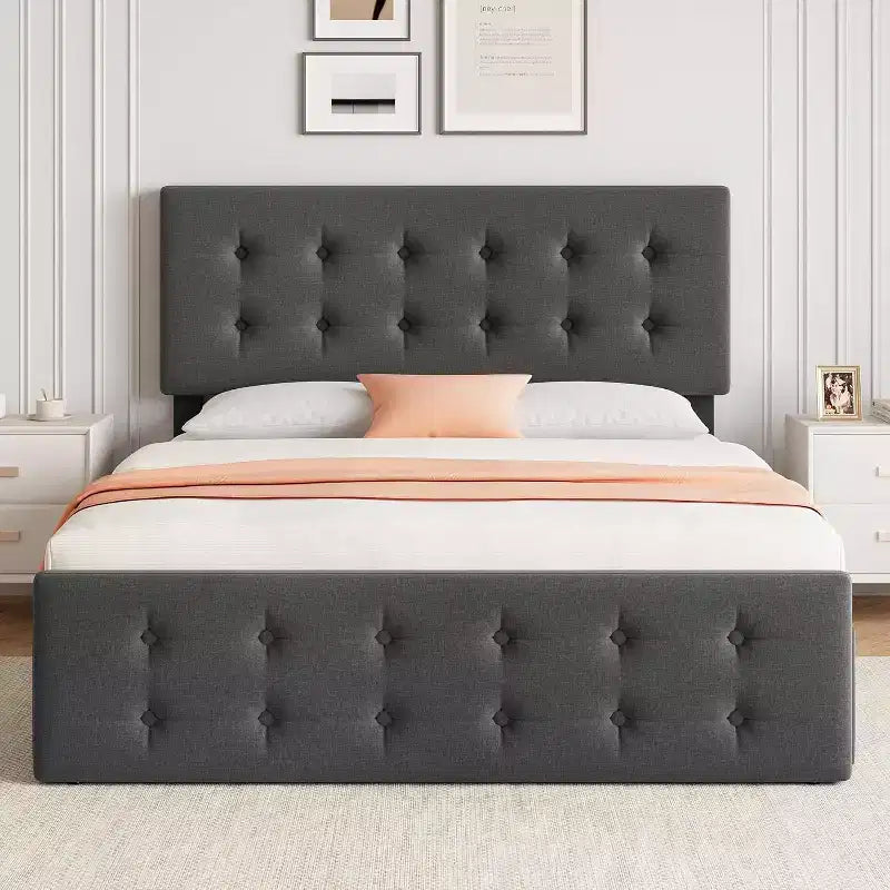 Storage Bed Frame with 4 Drawers & Adjustable Headboard - Upholstered Platform Bed