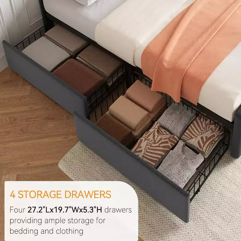 Storage Bed Frame with 4 Drawers & Adjustable Headboard - Upholstered Platform Bed