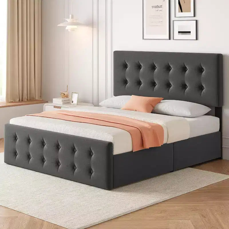 Storage Bed Frame with 4 Drawers & Adjustable Headboard - Upholstered Platform Bed