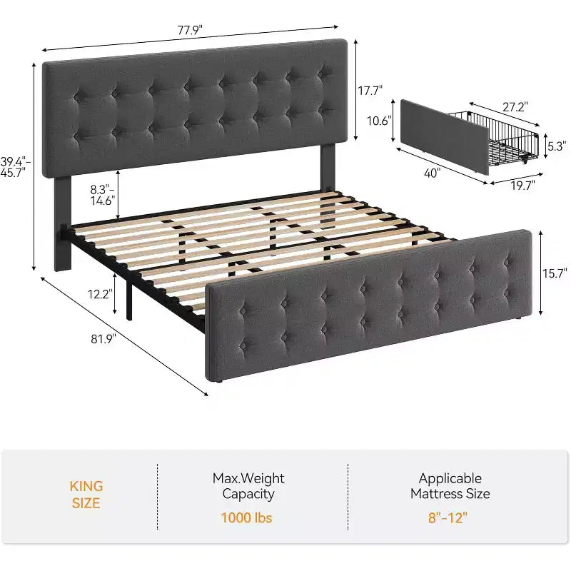Storage Bed Frame with 4 Drawers & Adjustable Headboard - Upholstered Platform Bed
