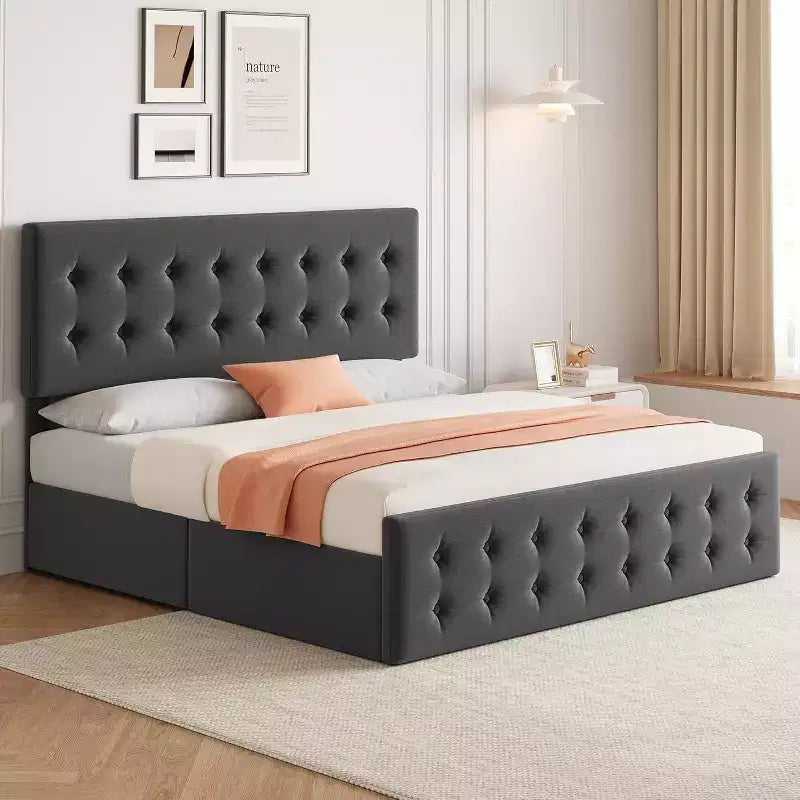 Storage Bed Frame with 4 Drawers & Adjustable Headboard - Upholstered Platform Bed