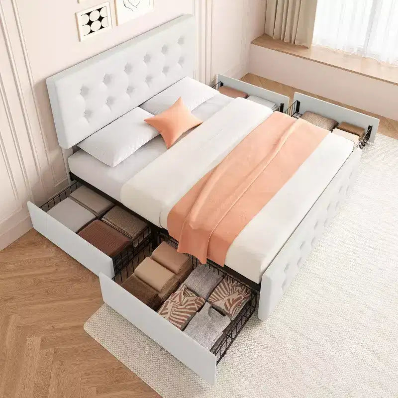 Storage Bed Frame with 4 Drawers & Adjustable Headboard - Upholstered Platform Bed