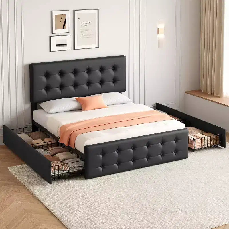 Storage Bed Frame with 4 Drawers & Adjustable Headboard - Upholstered Platform Bed