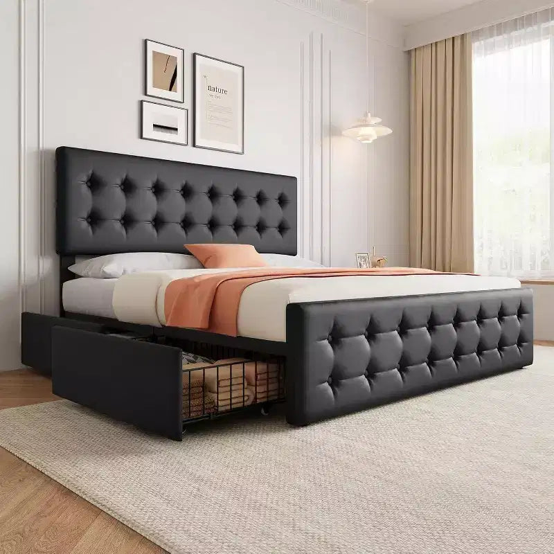 Storage Bed Frame with 4 Drawers & Adjustable Headboard - Upholstered Platform Bed