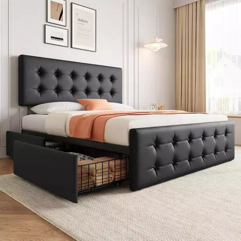 Storage Bed Frame with 4 Drawers & Adjustable Headboard - Upholstered Platform Bed