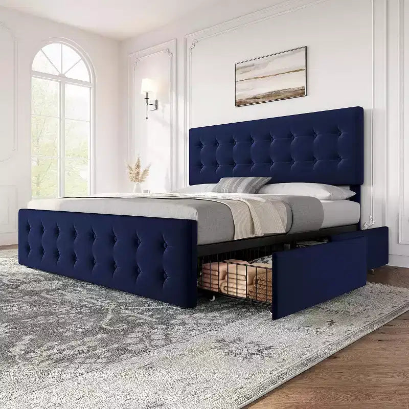 Storage Bed Frame with 4 Drawers & Adjustable Headboard - Upholstered Platform Bed