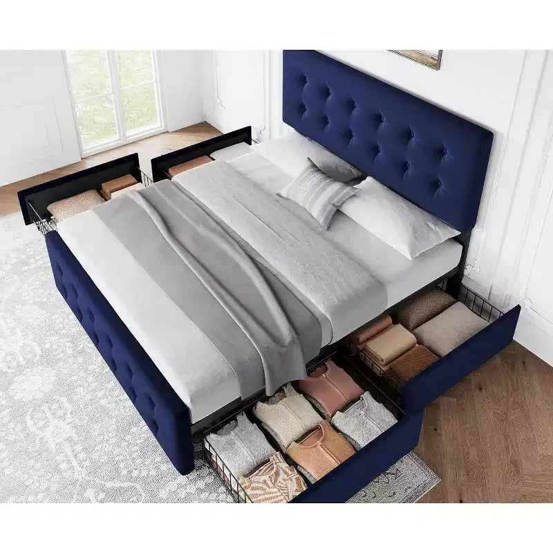Storage Bed Frame with 4 Drawers & Adjustable Headboard - Upholstered Platform Bed