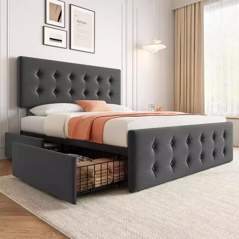 Storage Bed Frame with 4 Drawers & Adjustable Headboard - Upholstered Platform Bed