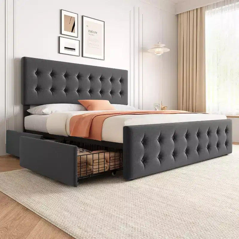 Storage Bed Frame with 4 Drawers & Adjustable Headboard - Upholstered Platform Bed