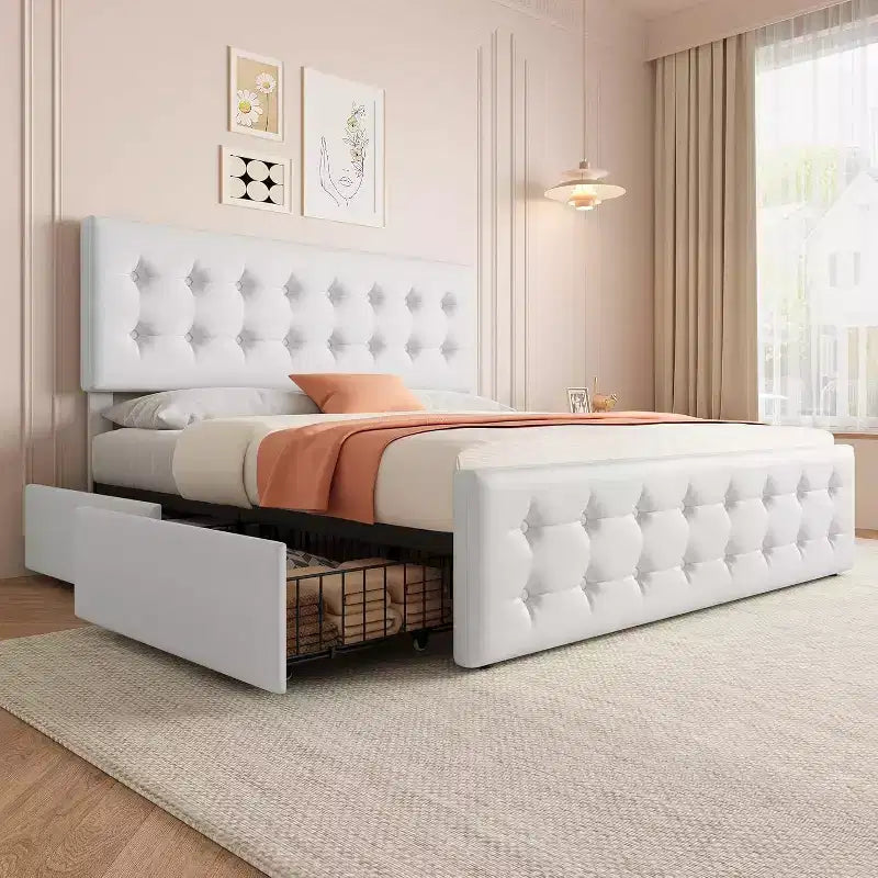 Storage Bed Frame with 4 Drawers & Adjustable Headboard - Upholstered Platform Bed