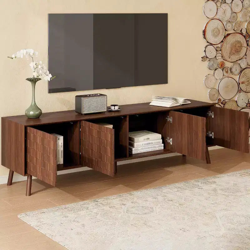 Modern TV Stand with Solid Wood Legs and Textured Square Pattern Doors, 70"