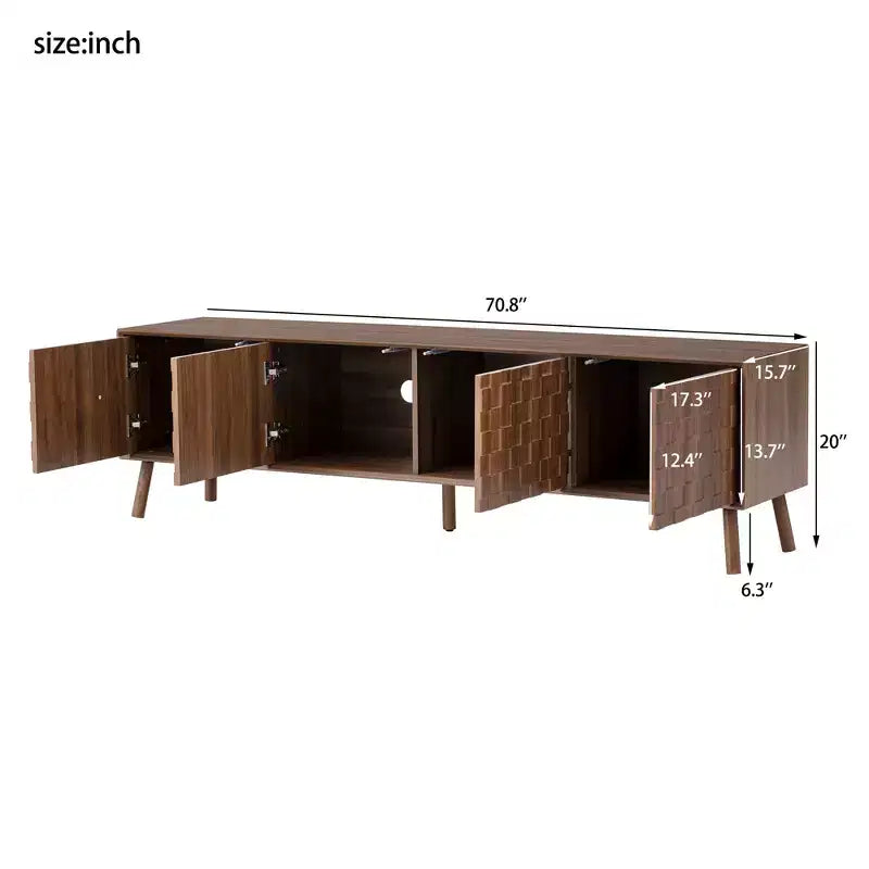 Modern TV Stand with Solid Wood Legs and Textured Square Pattern Doors, 70"