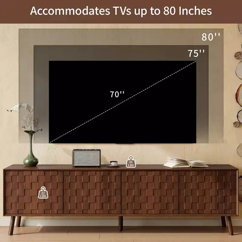 Modern TV Stand with Solid Wood Legs and Textured Square Pattern Doors, 70"