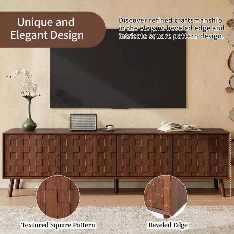 Modern TV Stand with Solid Wood Legs and Textured Square Pattern Doors, 70"