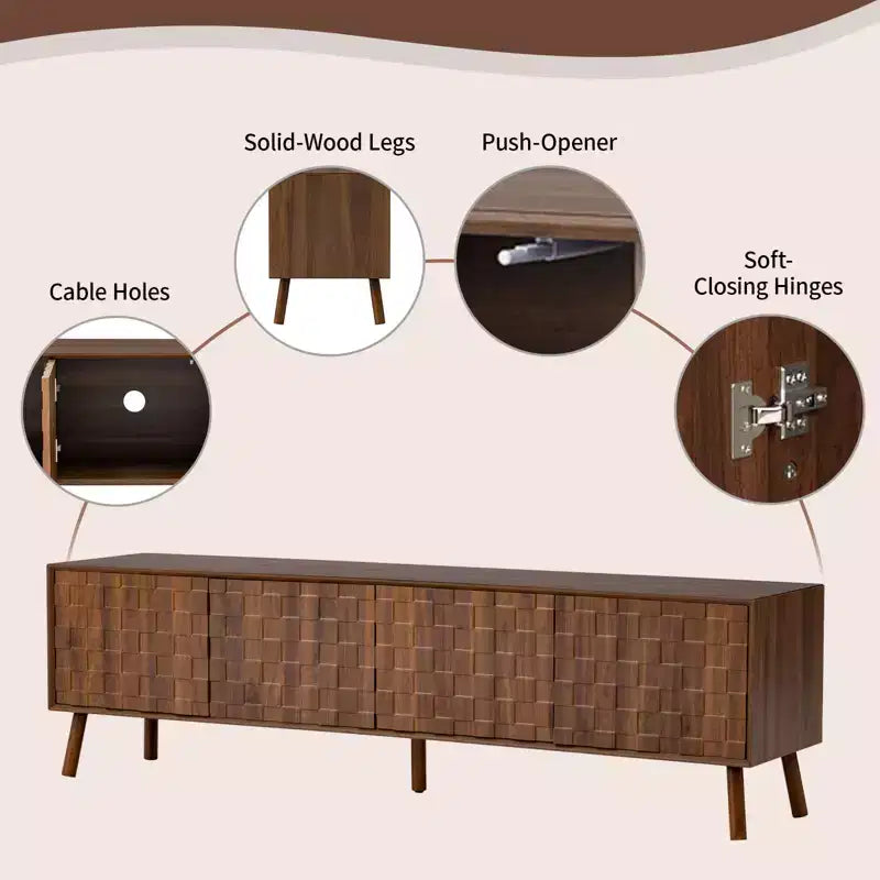 Modern TV Stand with Solid Wood Legs and Textured Square Pattern Doors, 70"