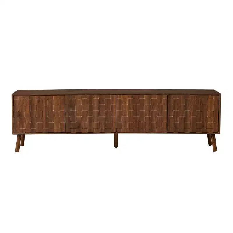 Modern TV Stand with Solid Wood Legs and Textured Square Pattern Doors, 70"
