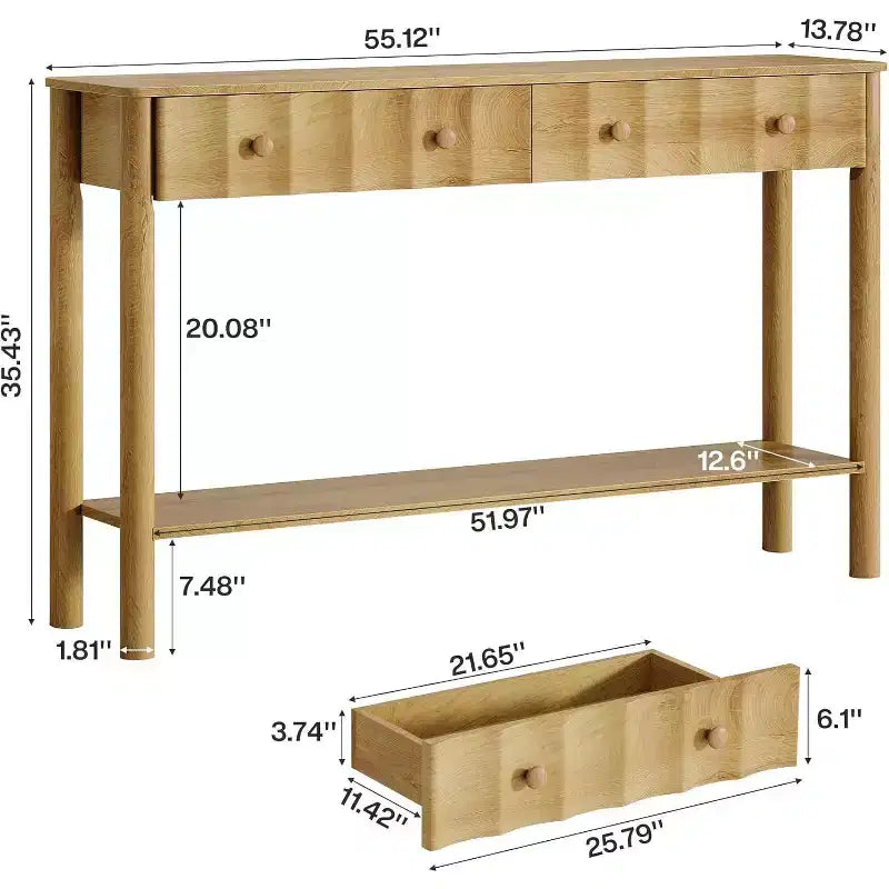 55-Inch Console Table with 2 Drawers, Fluted Entryway and Narrow Sofa Table with Open Shelf for Living Room, Hallway, Foyer, Light Oak