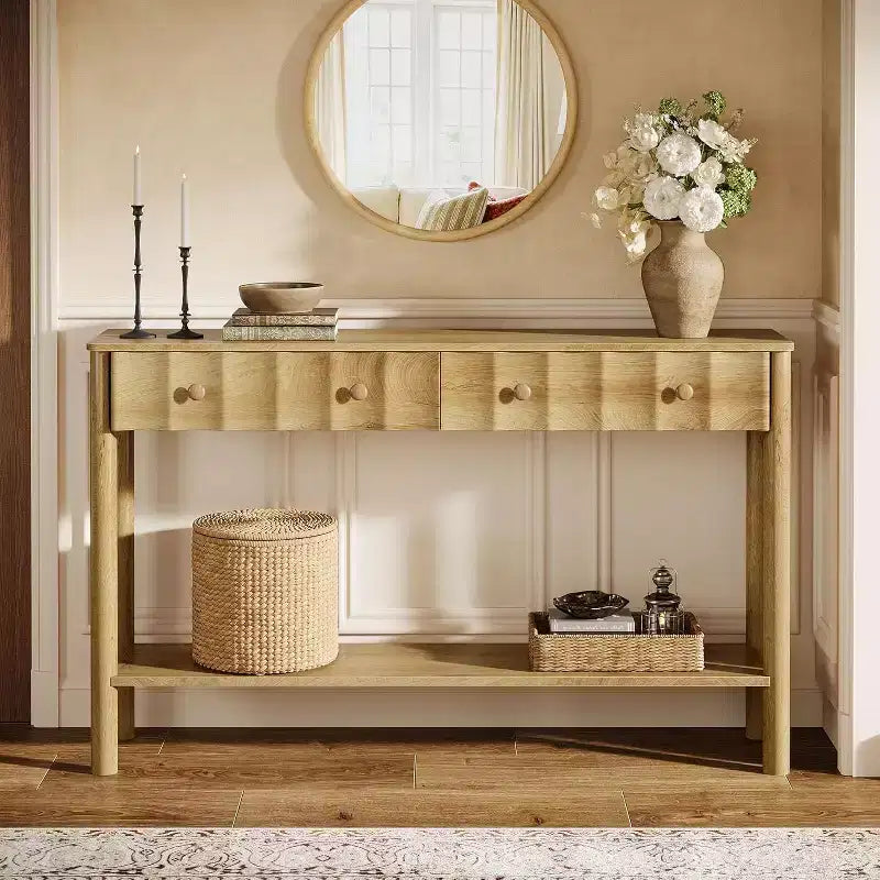 55-Inch Console Table with 2 Drawers, Fluted Entryway and Narrow Sofa Table with Open Shelf for Living Room, Hallway, Foyer, Light Oak