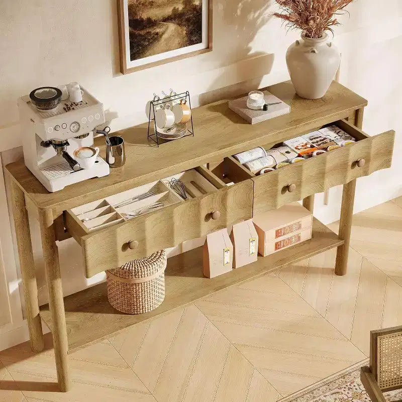 55-Inch Console Table with 2 Drawers, Fluted Entryway and Narrow Sofa Table with Open Shelf for Living Room, Hallway, Foyer, Light Oak