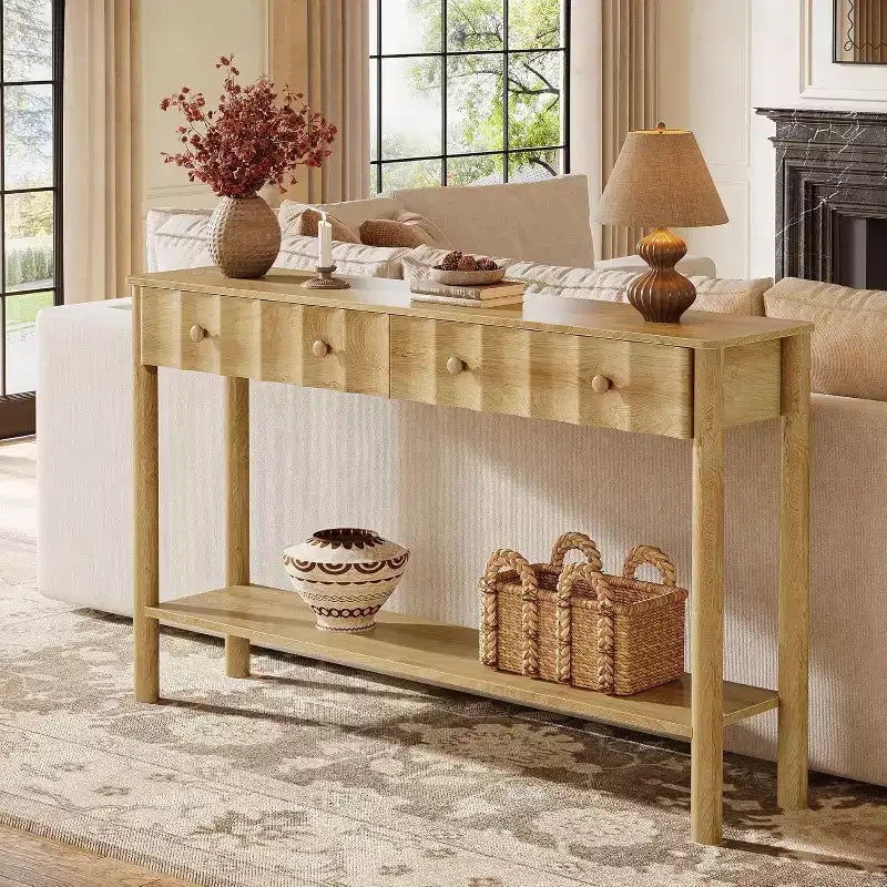 55-Inch Console Table with 2 Drawers, Fluted Entryway and Narrow Sofa Table with Open Shelf for Living Room, Hallway, Foyer, Light Oak