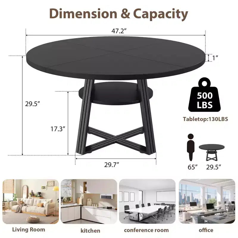 47.2" Farmhouse Kitchen Table with Storage, Round Dining Table Seats 4-6, Multi-Purpose Circle Dinner Table for Dining Room, Living Room & Office