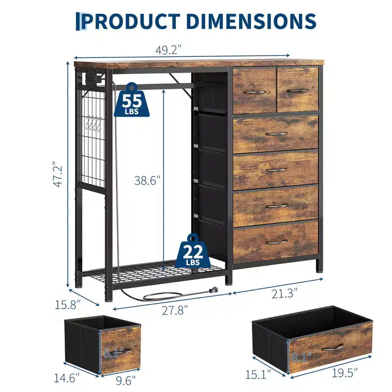 49.2" W Dresser with Hanging Rack & 6 Fabric Drawers