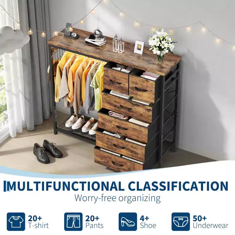 49.2" W Dresser with Hanging Rack & 6 Fabric Drawers