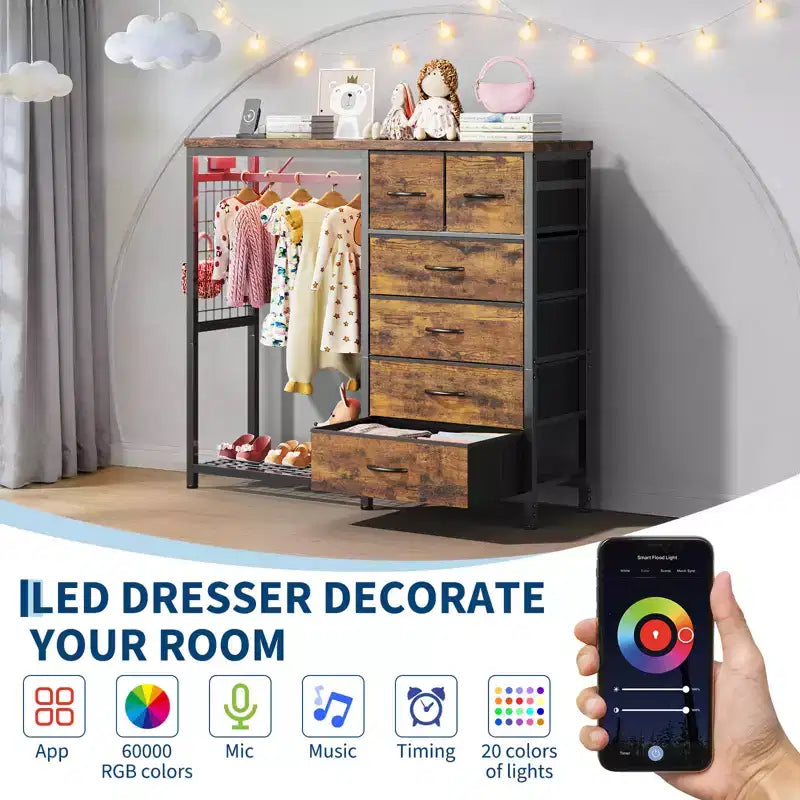 49.2" W Dresser with Hanging Rack & 6 Fabric Drawers