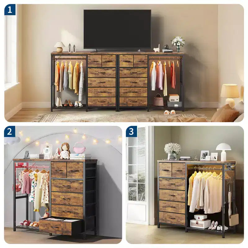 49.2" W Dresser with Hanging Rack & 6 Fabric Drawers