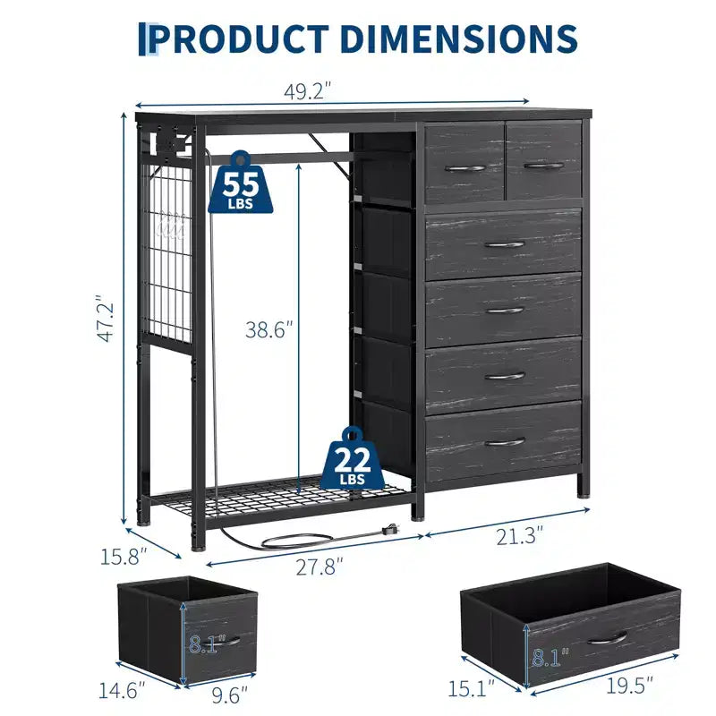 49.2" W Dresser with Hanging Rack & 6 Fabric Drawers