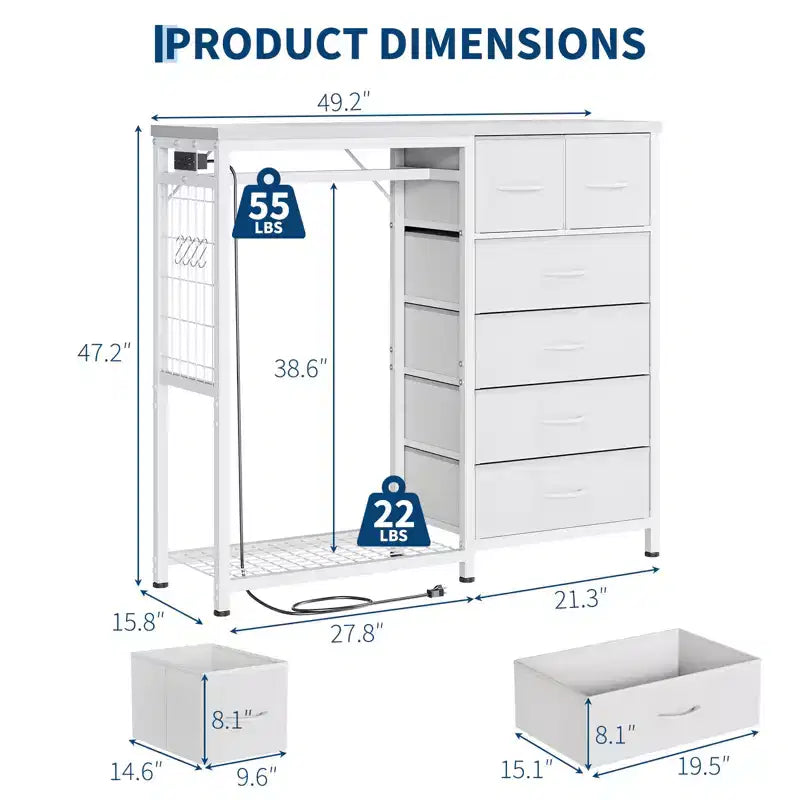 49.2" W Dresser with Hanging Rack & 6 Fabric Drawers
