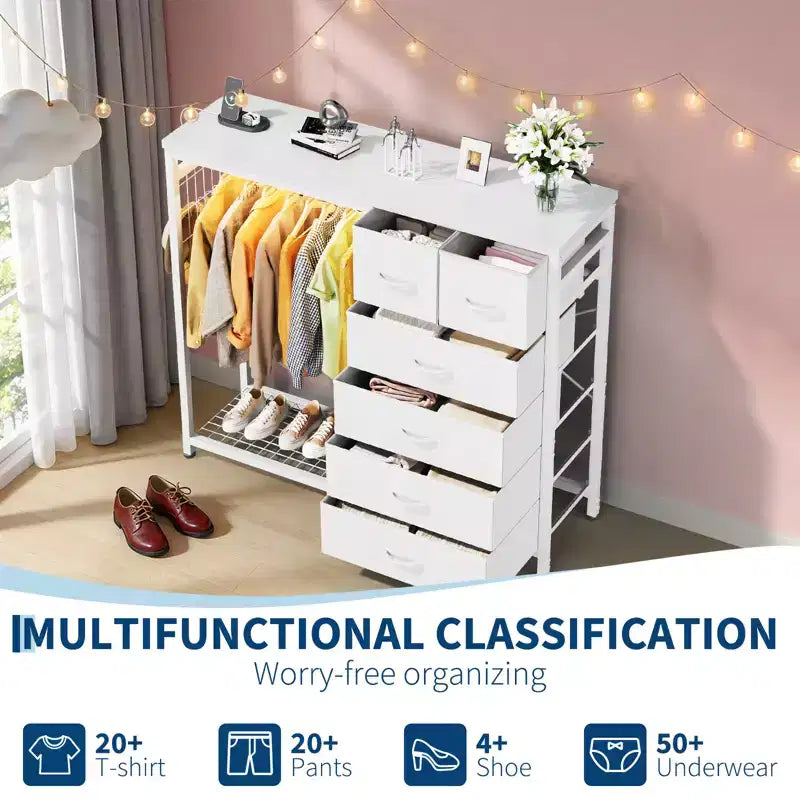 49.2" W Dresser with Hanging Rack & 6 Fabric Drawers