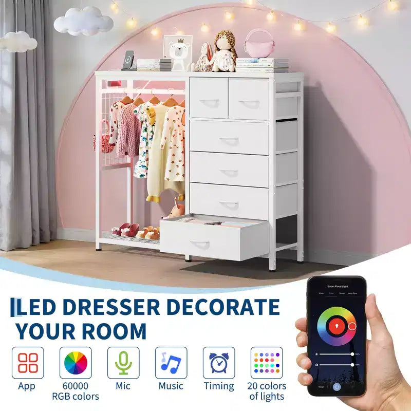 49.2" W Dresser with Hanging Rack & 6 Fabric Drawers