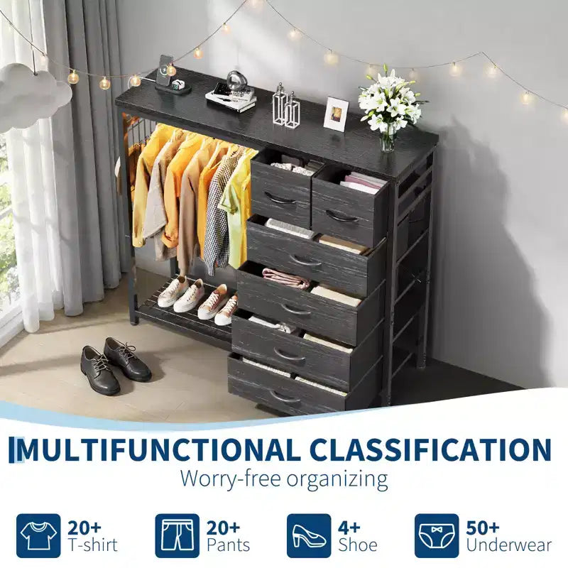 49.2" W Dresser with Hanging Rack & 6 Fabric Drawers