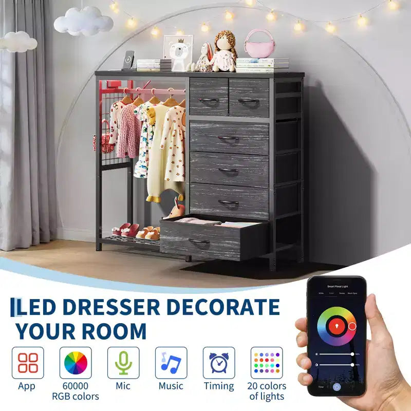 49.2" W Dresser with Hanging Rack & 6 Fabric Drawers