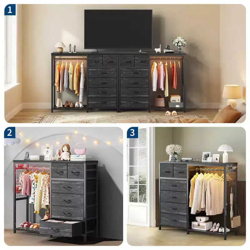 49.2" W Dresser with Hanging Rack & 6 Fabric Drawers
