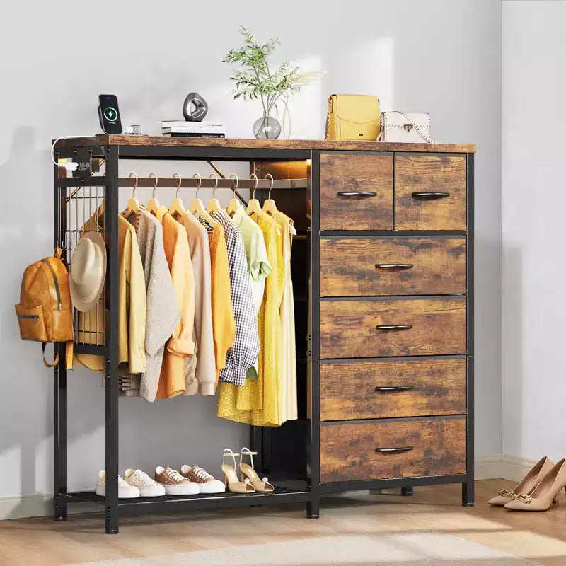 49.2" W Dresser with Hanging Rack & 6 Fabric Drawers