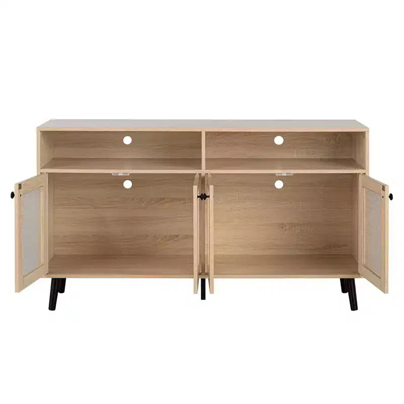 56-Inch Mid-Century Modern TV Stand, Entertainment Center with Open Shelving, Tapered Leg Design, Round Knob Cabinet Doors, Natural