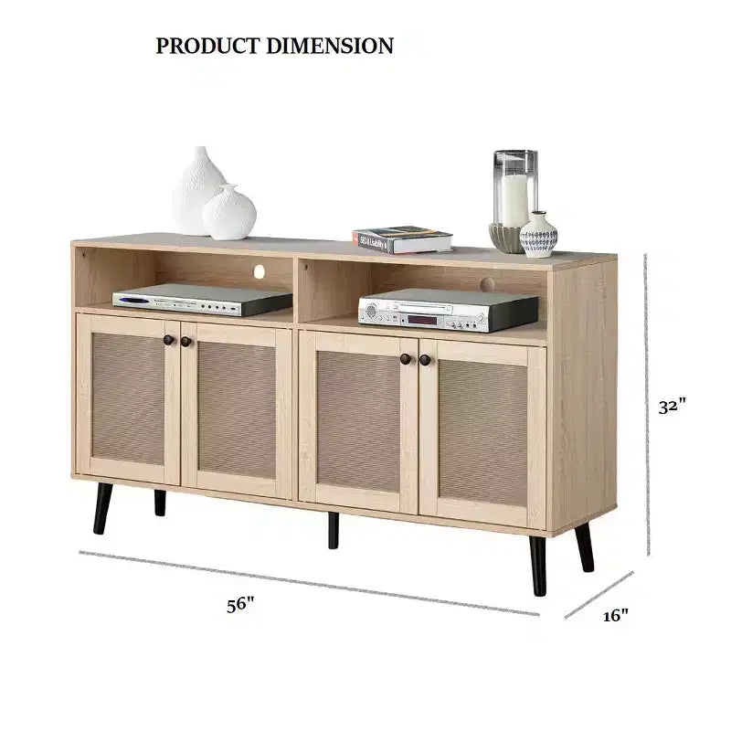 56-Inch Mid-Century Modern TV Stand, Entertainment Center with Open Shelving, Tapered Leg Design, Round Knob Cabinet Doors, Natural