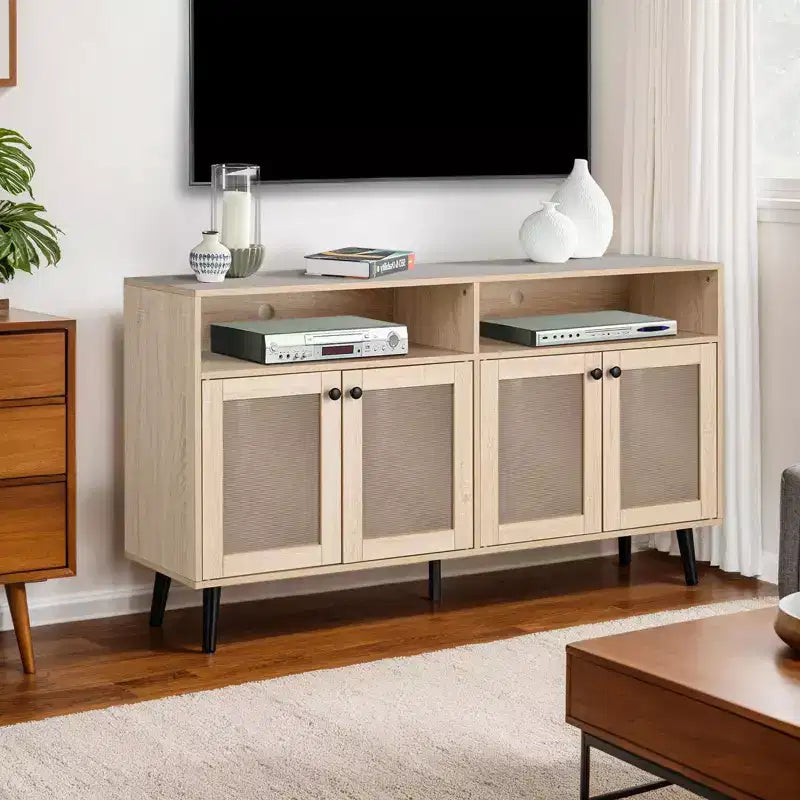 56-Inch Mid-Century Modern TV Stand, Entertainment Center with Open Shelving, Tapered Leg Design, Round Knob Cabinet Doors, Natural