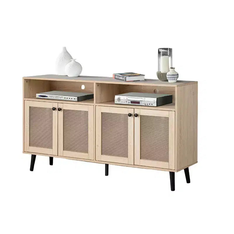 56-Inch Mid-Century Modern TV Stand, Entertainment Center with Open Shelving, Tapered Leg Design, Round Knob Cabinet Doors, Natural