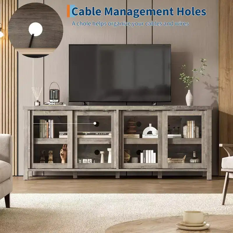 TV Stand for 65-Inch TVs with Entertainment Center - Storage Cabinet, 4 Sliding Glass Doors, Mid-Century Modern Media Console