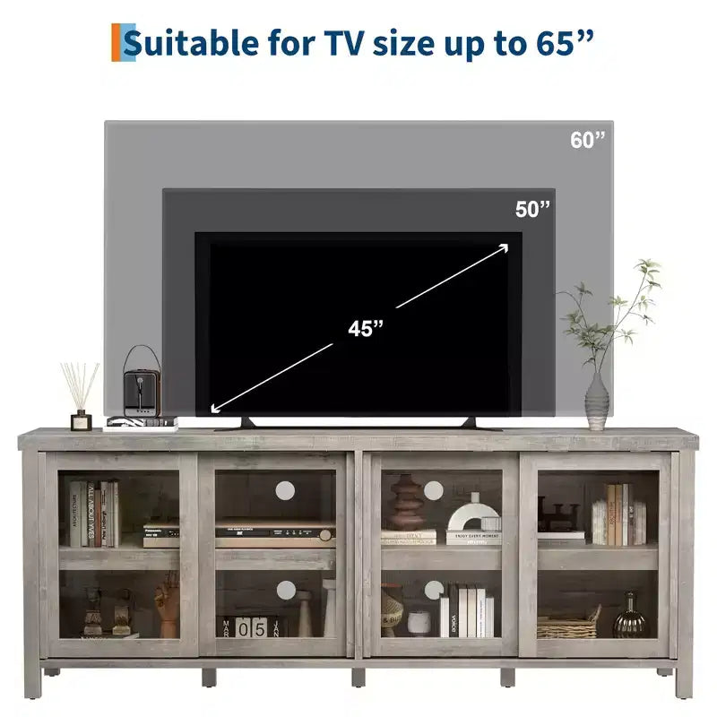 TV Stand for 65-Inch TVs with Entertainment Center - Storage Cabinet, 4 Sliding Glass Doors, Mid-Century Modern Media Console
