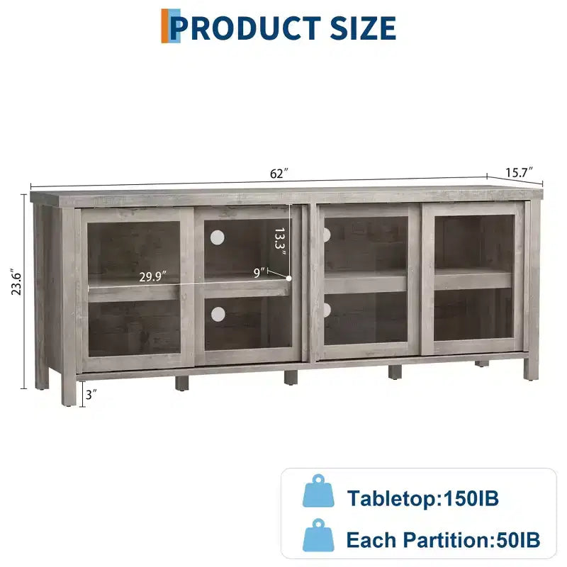 TV Stand for 65-Inch TVs with Entertainment Center - Storage Cabinet, 4 Sliding Glass Doors, Mid-Century Modern Media Console