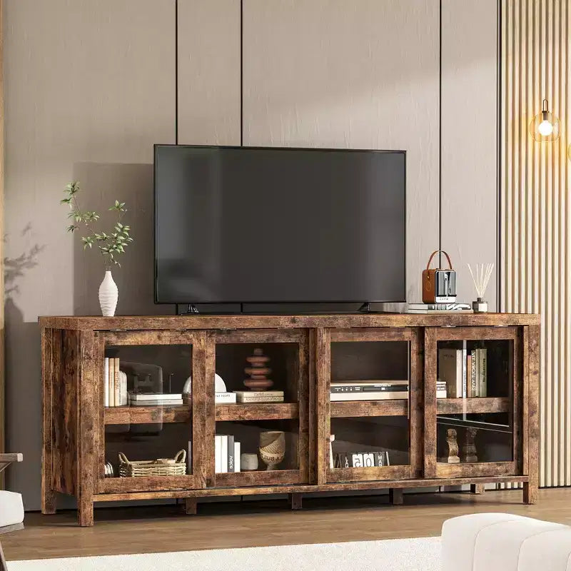 TV Stand for 65-Inch TVs with Entertainment Center - Storage Cabinet, 4 Sliding Glass Doors, Mid-Century Modern Media Console