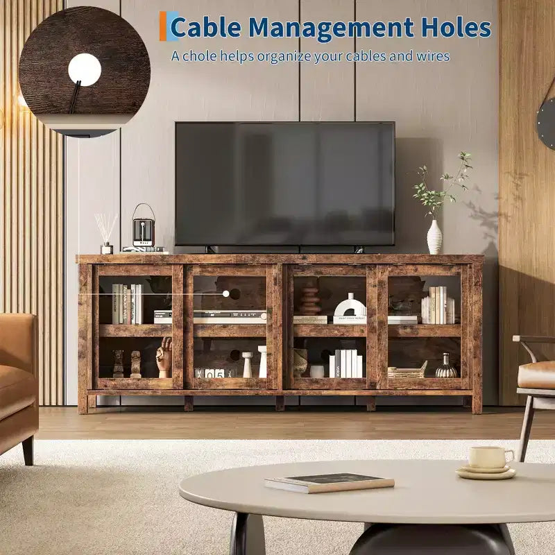 TV Stand for 65-Inch TVs with Entertainment Center - Storage Cabinet, 4 Sliding Glass Doors, Mid-Century Modern Media Console
