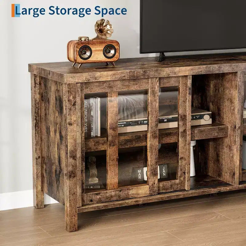 TV Stand for 65-Inch TVs with Entertainment Center - Storage Cabinet, 4 Sliding Glass Doors, Mid-Century Modern Media Console